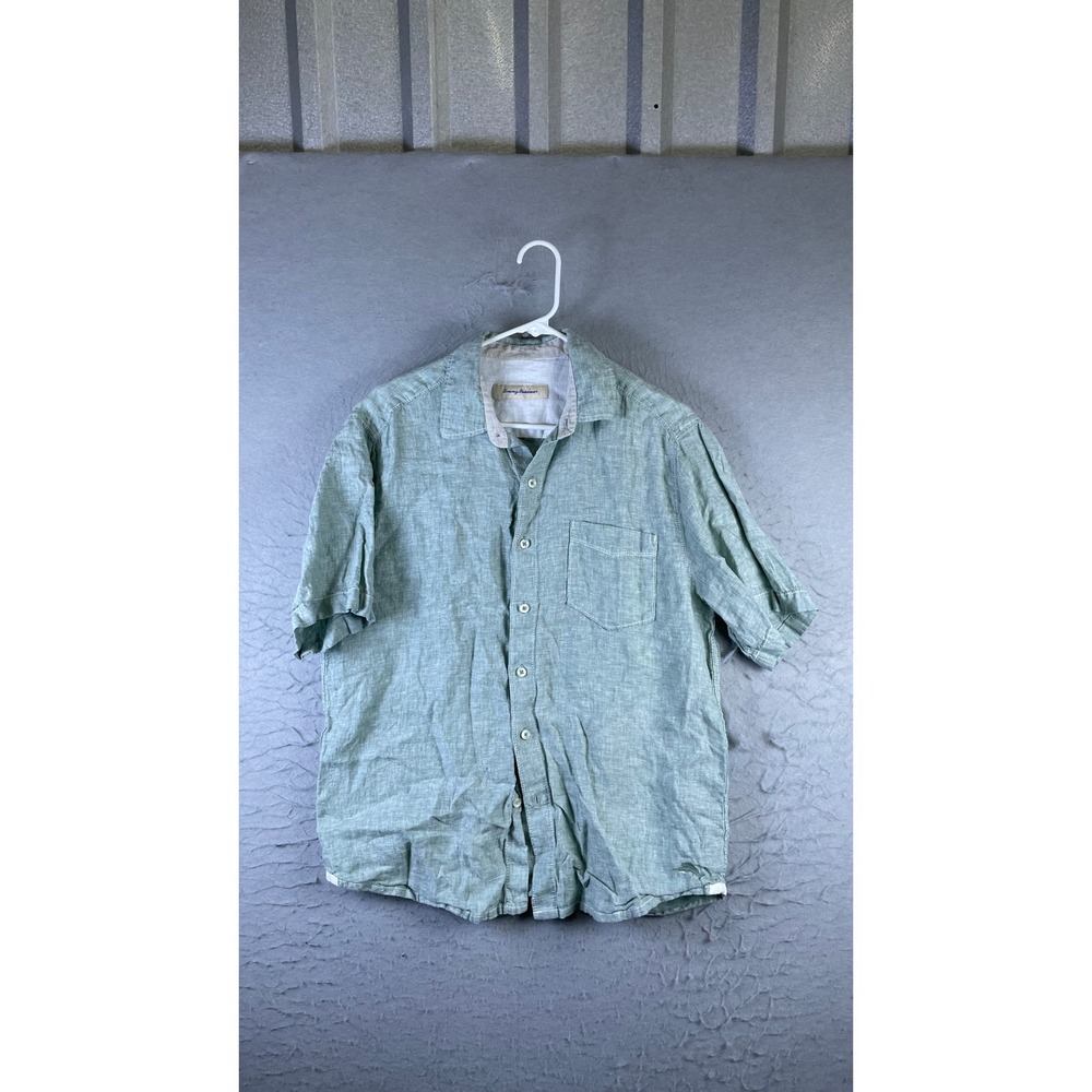 Tommy Bahama Button Down Shirt Mens Medium Green Excellent Linen Short Sleeve